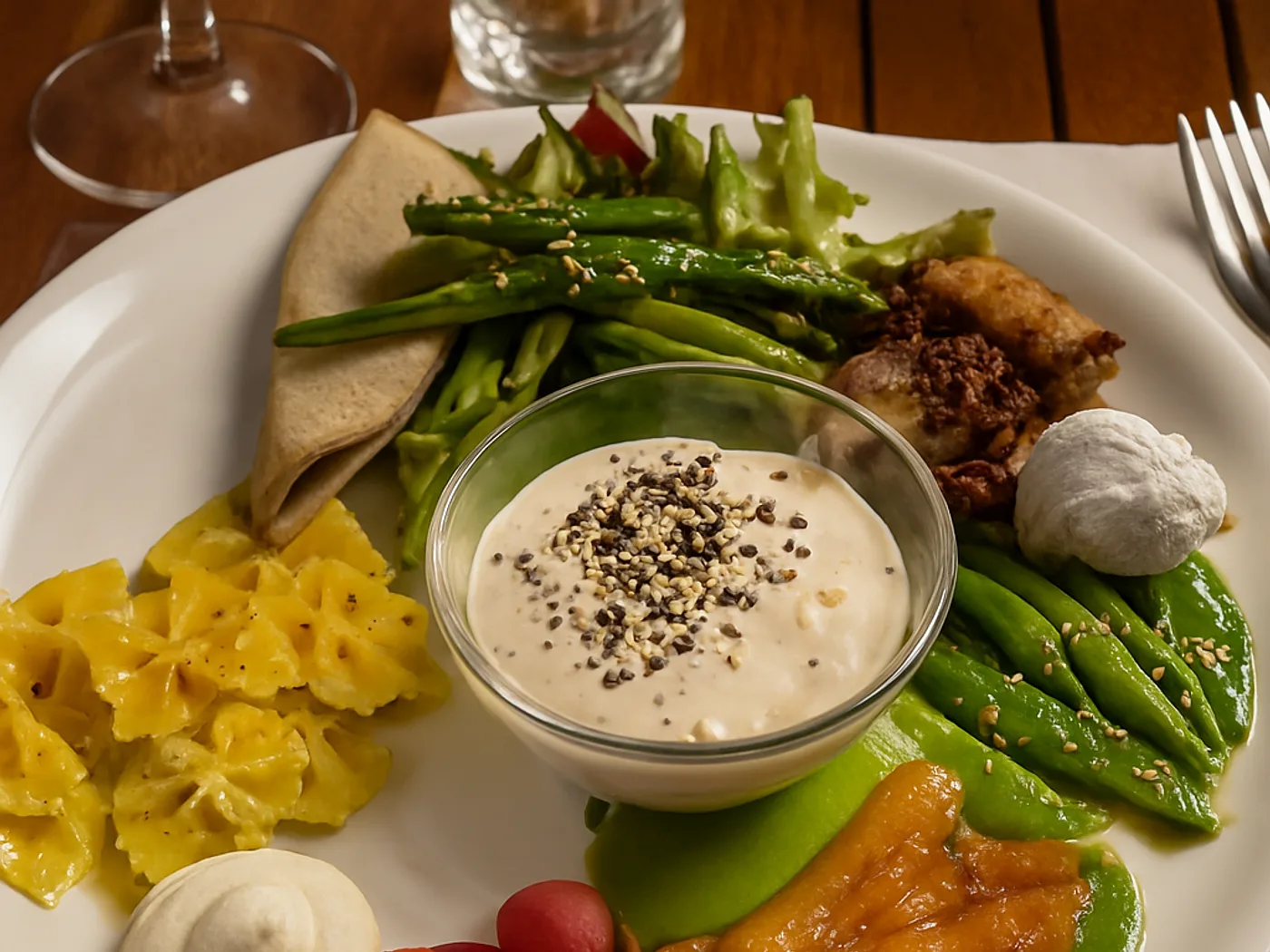 Gran piatto combinato con cereali, legumi e verdure di stagione