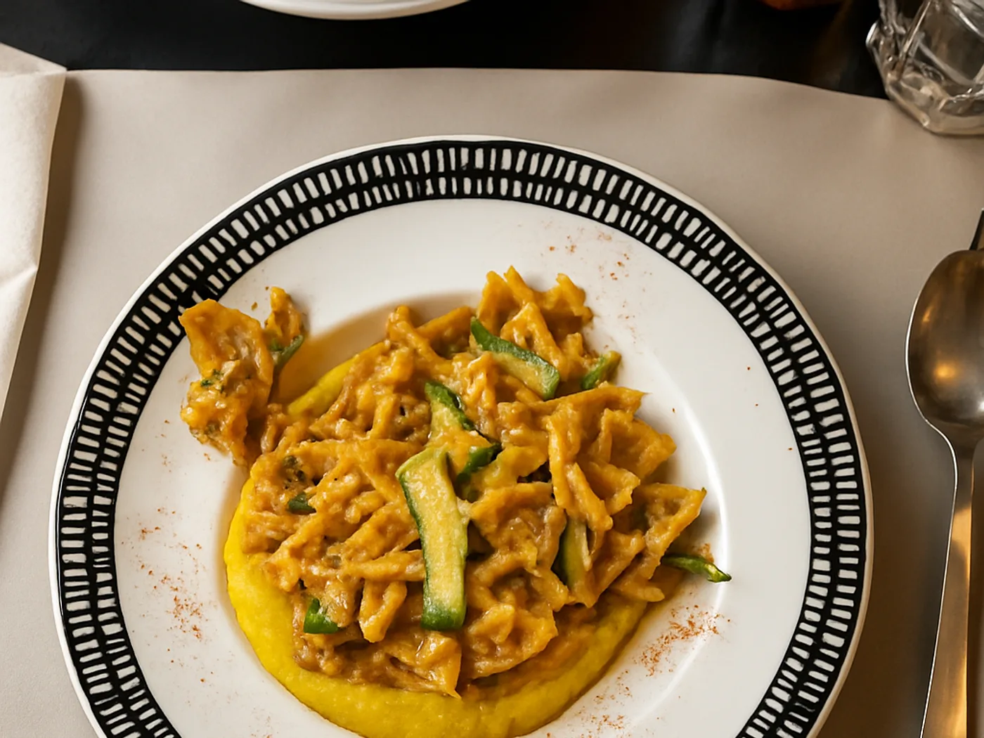 Pasta fresca con verdure e spezie su piatto decorato