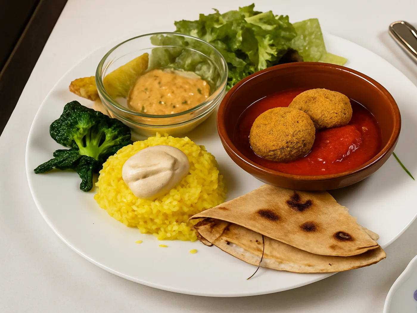 Piatto combinato con riso allo zafferano, polpette vegetali e pane